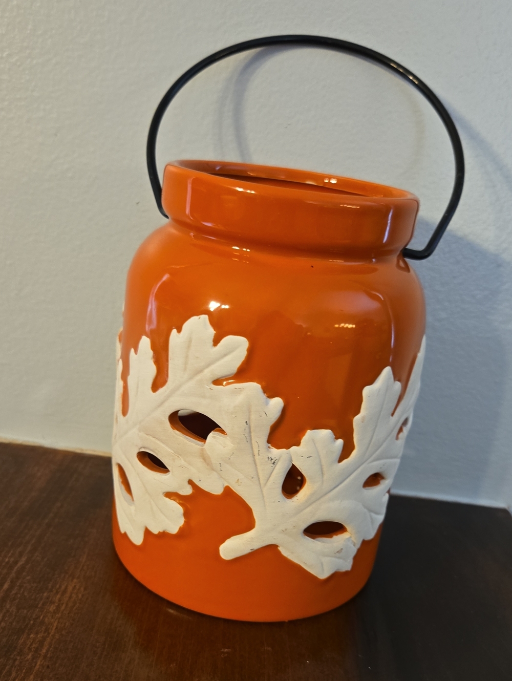 Orange Ceramic Lantern with White Leaf Accent - Home Accents